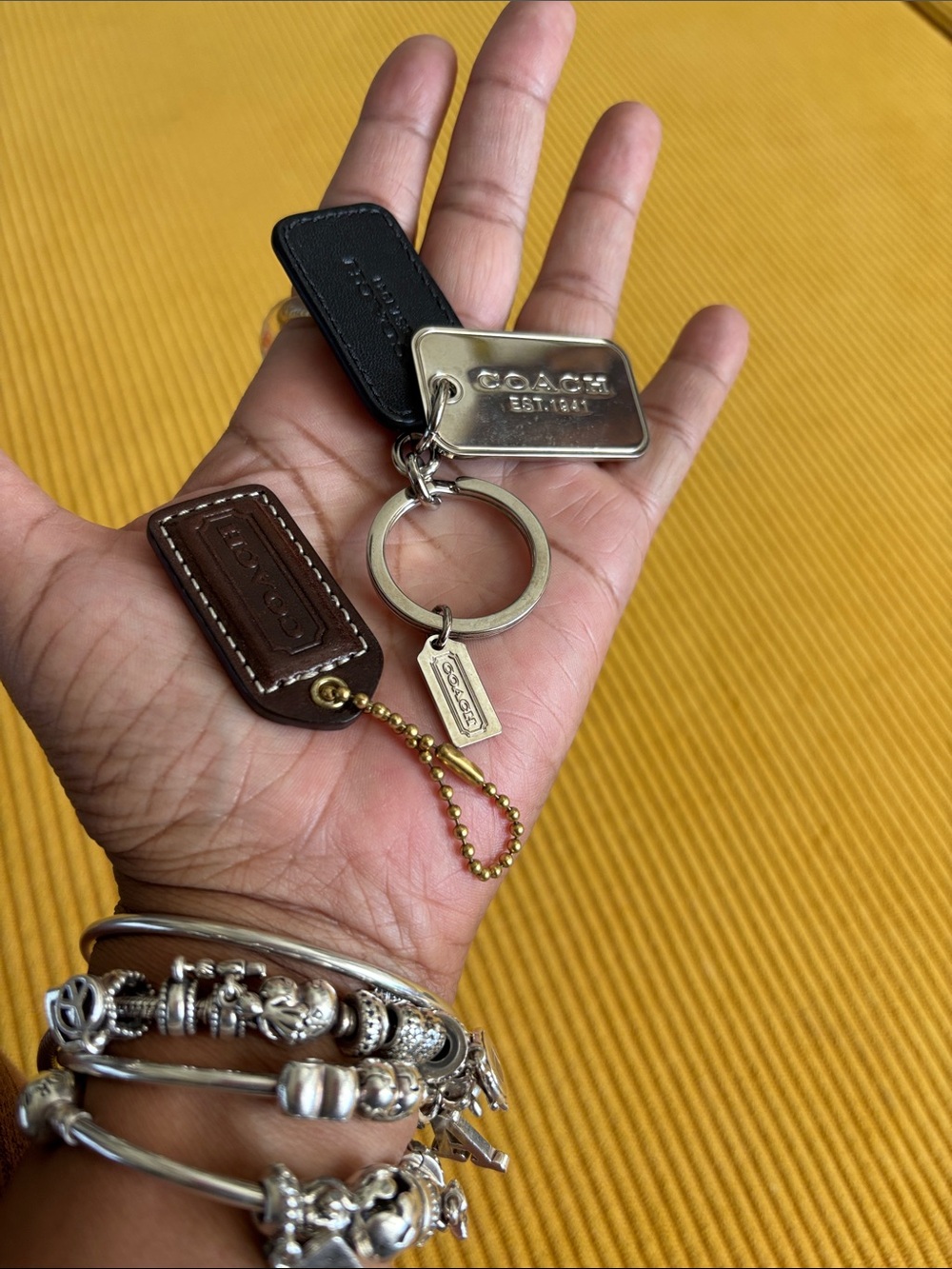 Coach keychain and hangtag bundle brown leather black leather silver hardware